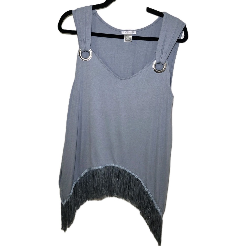 Light Blue Fringe Hem Sleeveless Tunic Top Medium Western Boho Festival Cowgirl